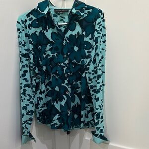 Ellen Tracy Turquoise and Black Floral Button-Down Shirt